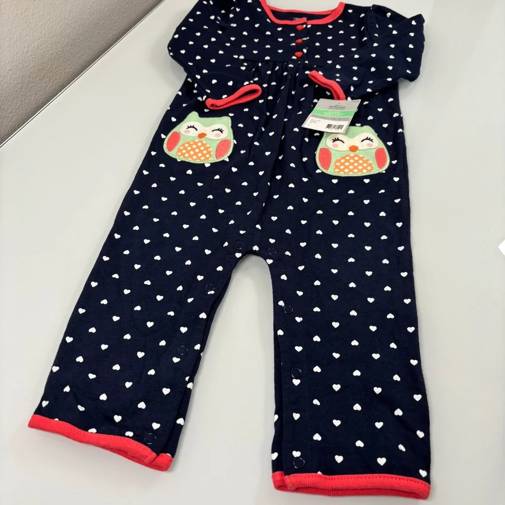 Carter's Kids 18M Navy Blue Heart Print Jumpsuit New Owl Applique Long Sleeve